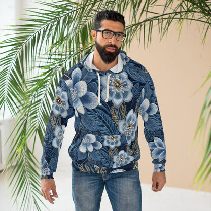 Flower Blossom Embroidery Floral on Denim Style - Unisex Pullover Hoodie (AOP)