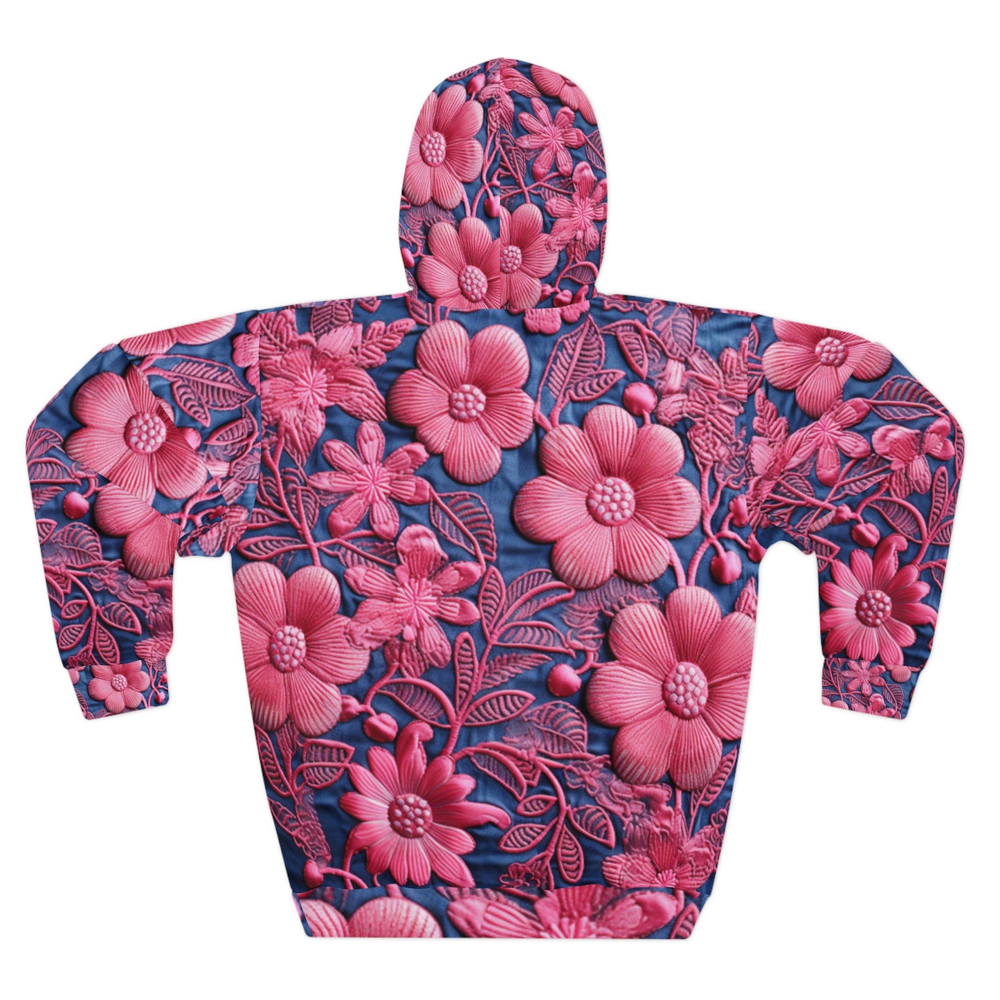 Denim Blue Doll Pink Floral Embroidery Style Fabric Flowers - Unisex Pullover Hoodie (AOP)