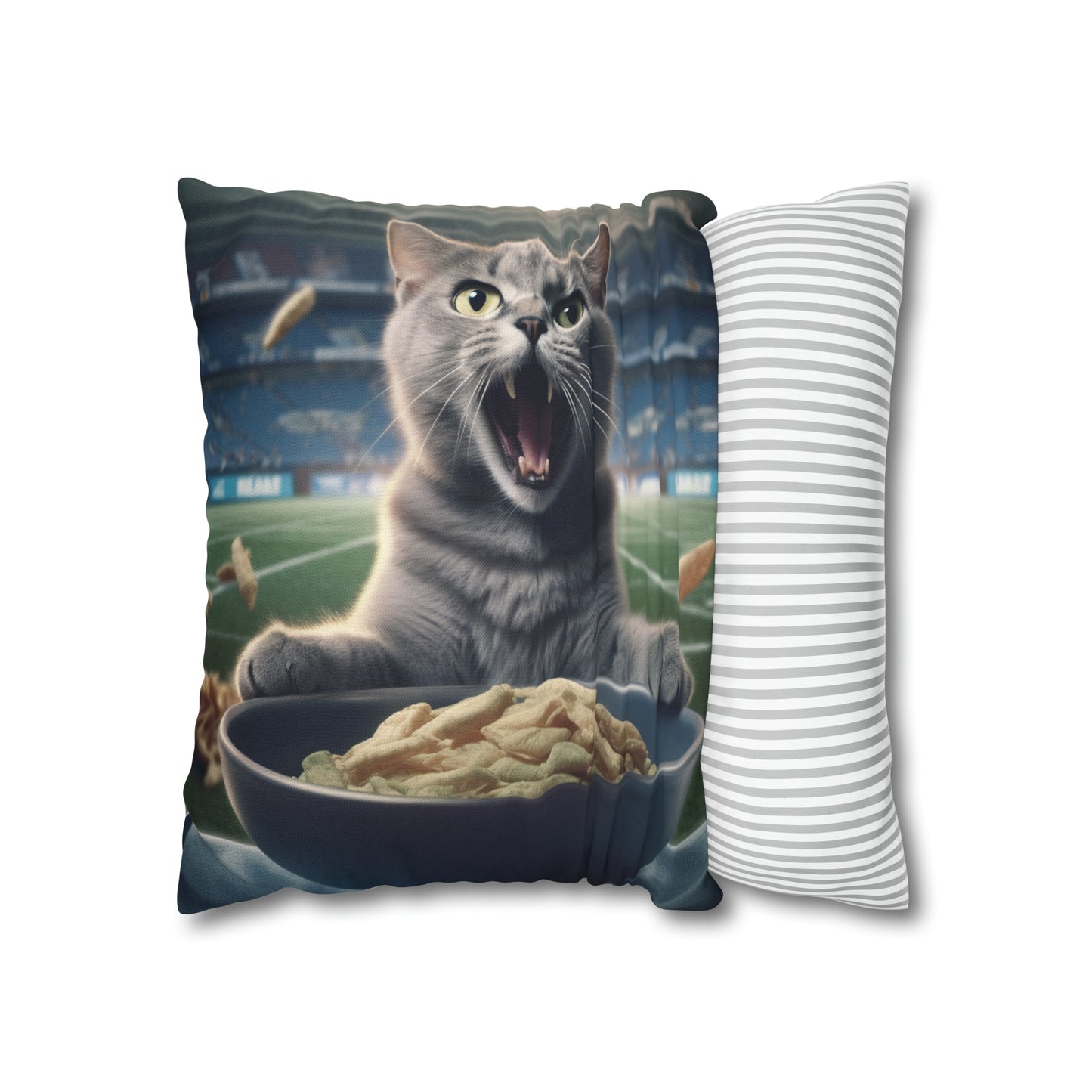 Halftime Football Feline: Screaming Sports Fan Cat Stadium Food Kitten - Spun Polyester Square Pillow Case