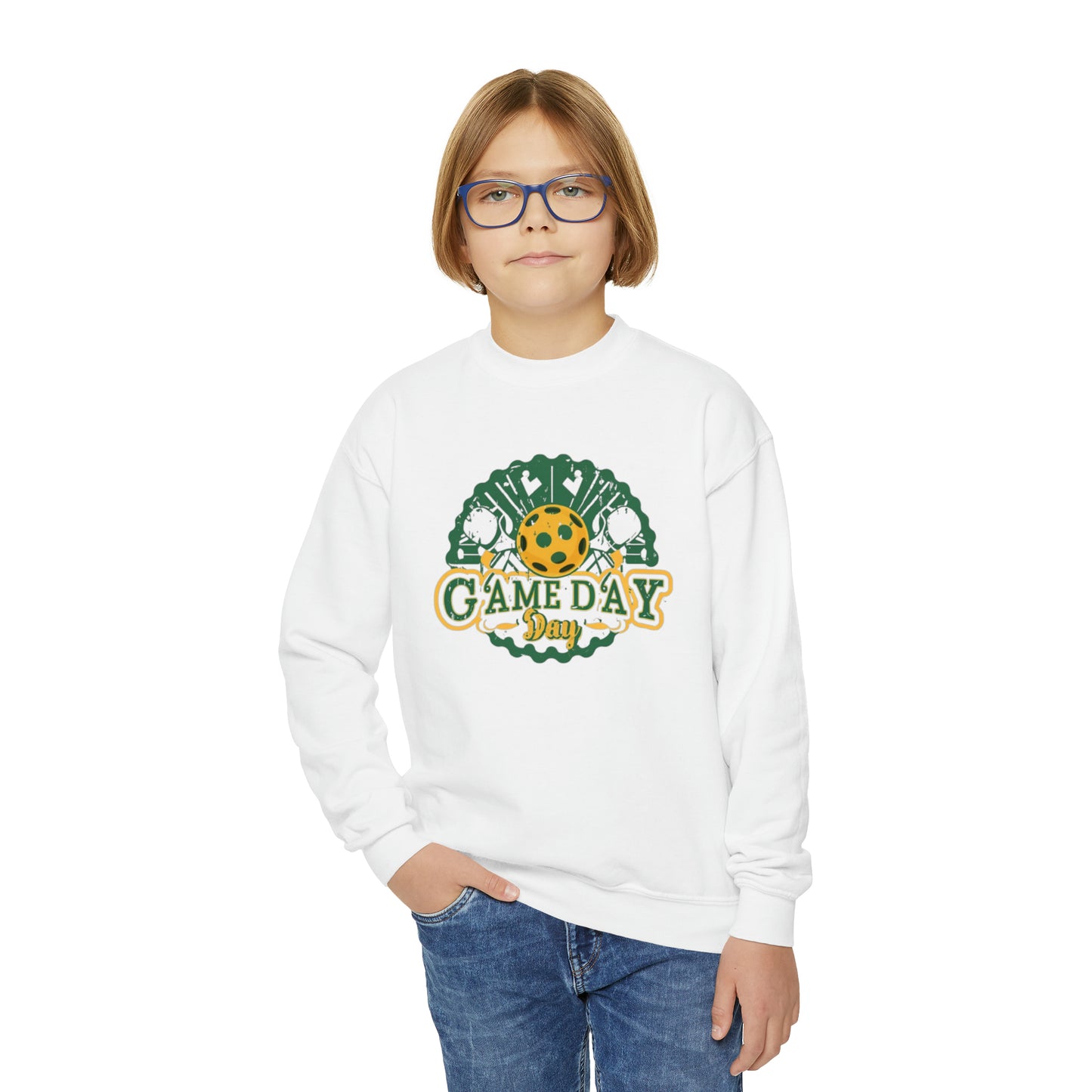 Game Day Badge with Pickleball Paddle and Ball, Grunge Texture - Youth Crewneck Sweatshirt