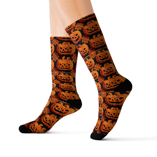 Halloween Crochet Pumpkin Scary Horror Festive Holiday Pattern - Sublimation Socks