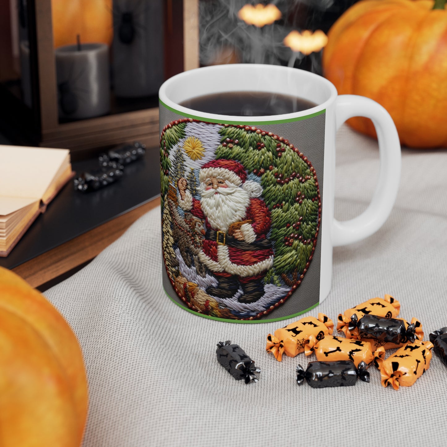 Ganchillo de pinos de Papá Noel, bosque festivo, árbol de Navidad y Claus, paisaje navideño - Taza de cerámica 11oz 