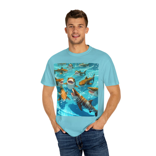 Tiburón tigre: Vida silvestre marina oceánica - Subacuático - Camiseta unisex teñida de ropa 