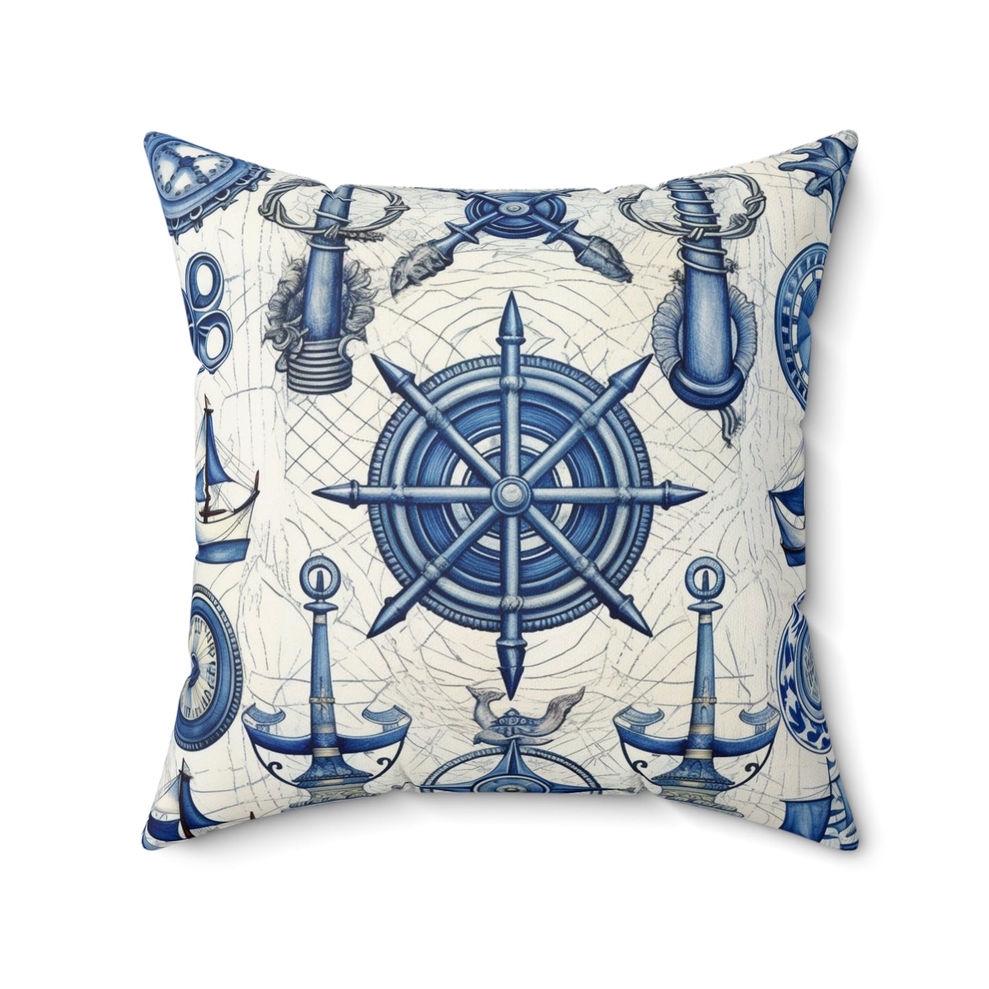 Nautical Theme Art - Anchors, Ropes, Compass Spun Polyester Square Pillow