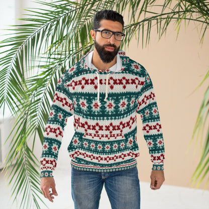 Christmas Knit Crochet Holiday, Festive Yuletide Pattern, Winter Season - Unisex Pullover Hoodie (AOP)