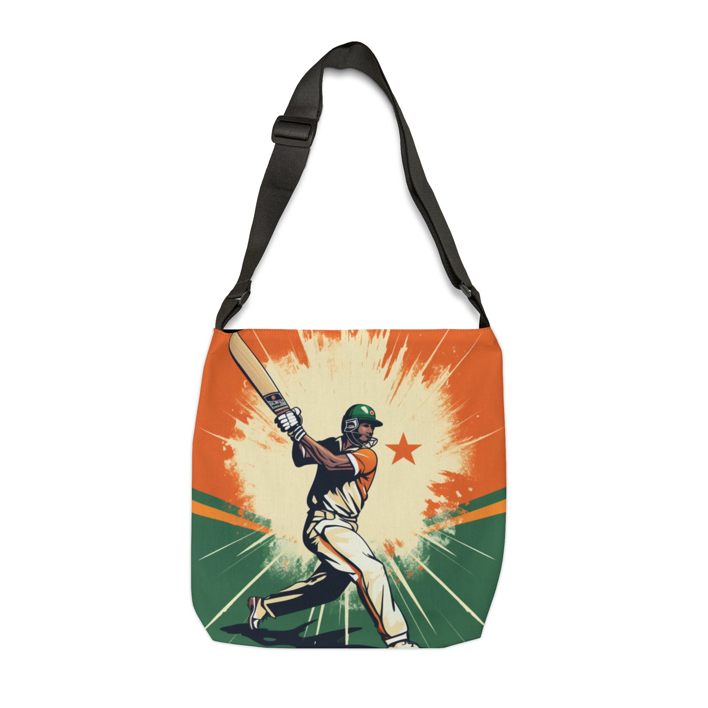 India Cricket Star: Batsman With Willow Bat, National Flag Style - Sport Game - Adjustable Tote Bag (AOP)