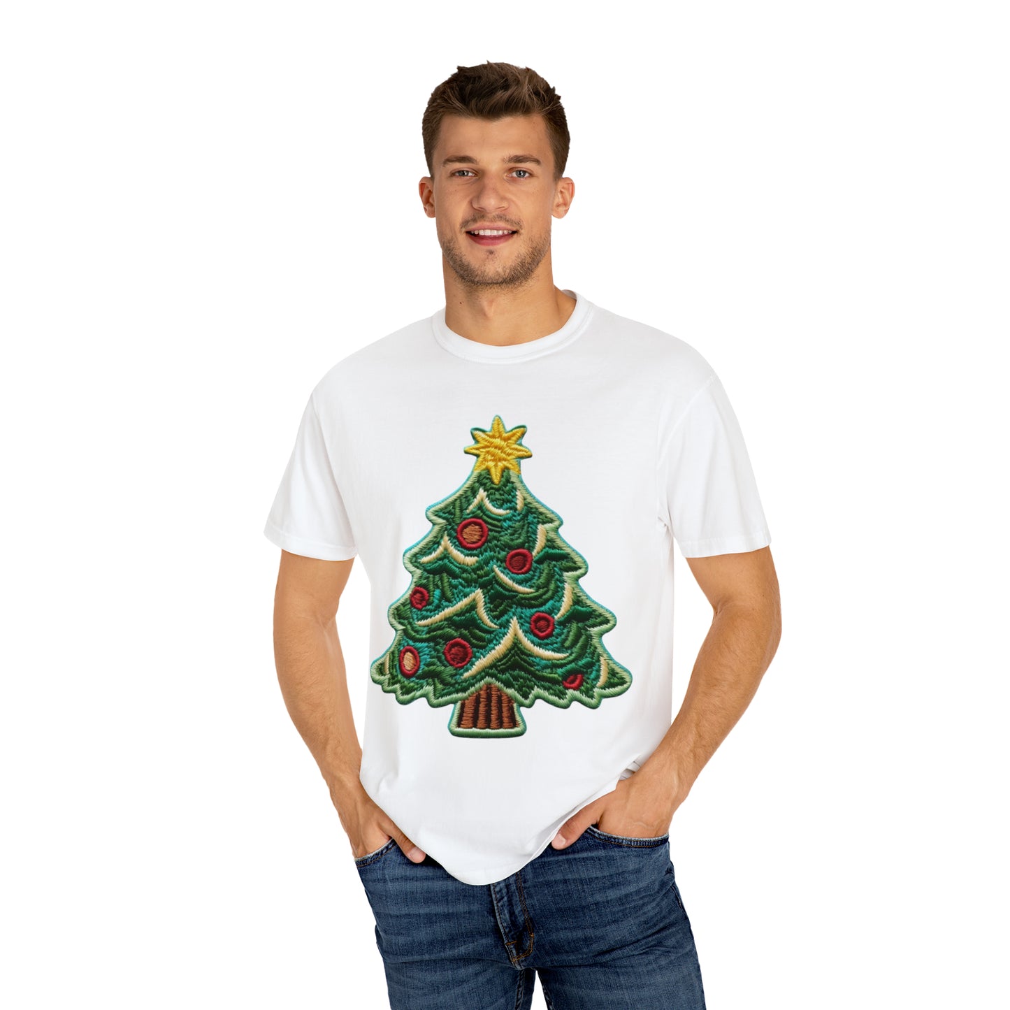 Chenille Christmas Tree: Embroidered Festive Holiday Patch - Unisex Garment-Dyed T-shirt