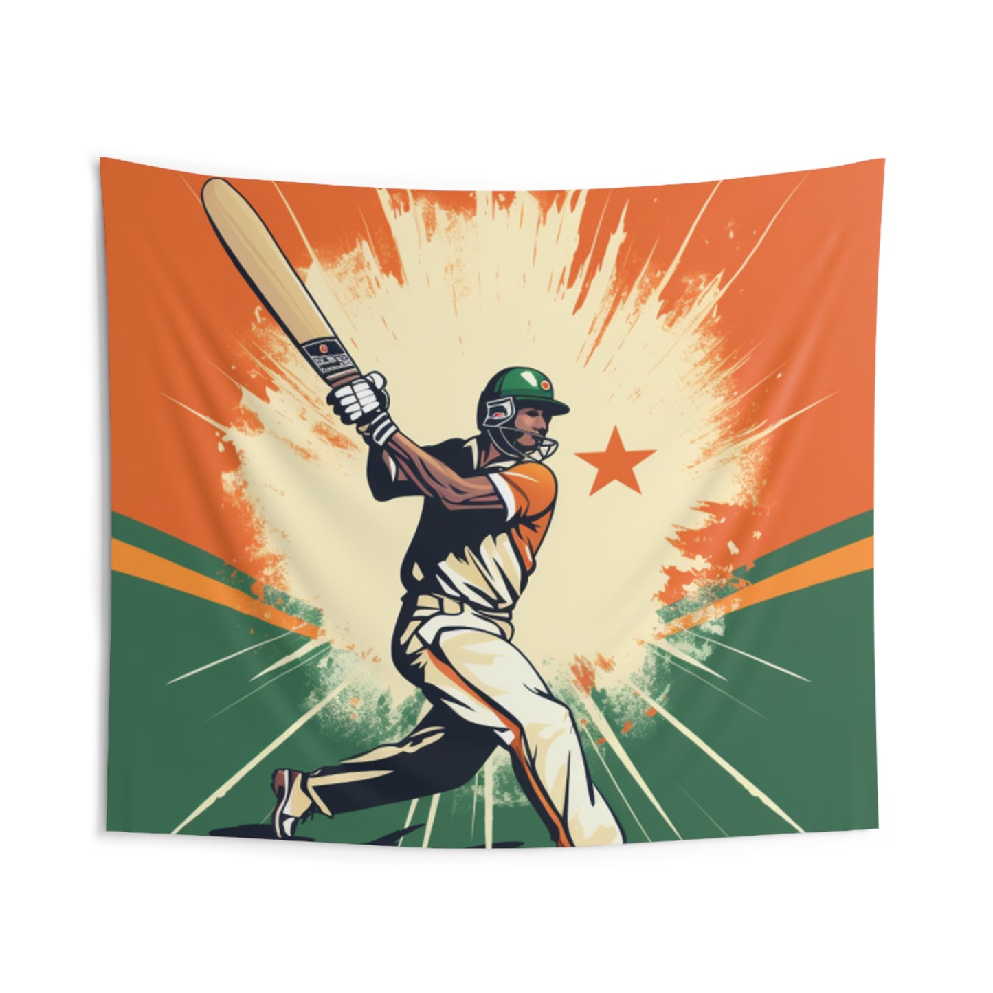 India Cricket Star: Batsman With Willow Bat, National Flag Style - Sport Game - Indoor Wall Tapestries