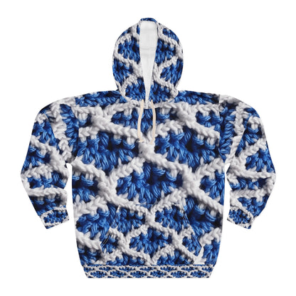 Blueberry Blue Crochet, White Accents, Classic Textured Pattern - Unisex Pullover Hoodie (AOP)