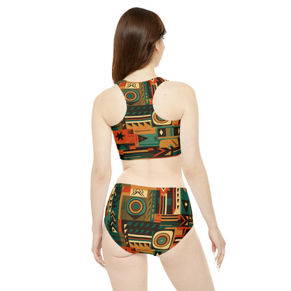 Earthy Tones Geometric Tribal-Inspired Pattern Design Sporty Bikini Set (AOP)