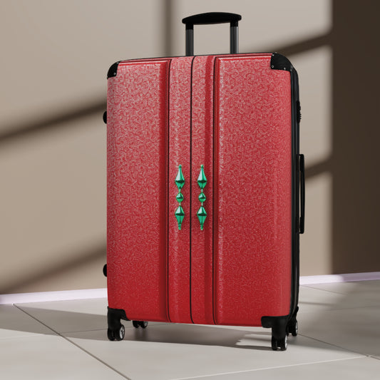 Radiant Ruby Red Glittering Door with Emerald Green Diamond-Shaped Handles, Textured Sparkle Finish - Suitcase