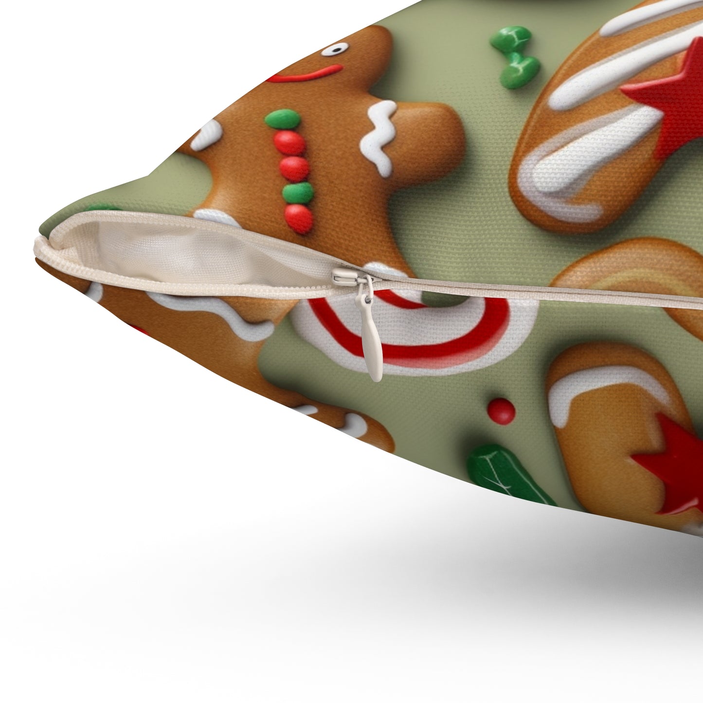 Galleta de Navidad de hombre de jengibre - Árbol - Bastón de caramelo - Almohada cuadrada de poliéster hilado