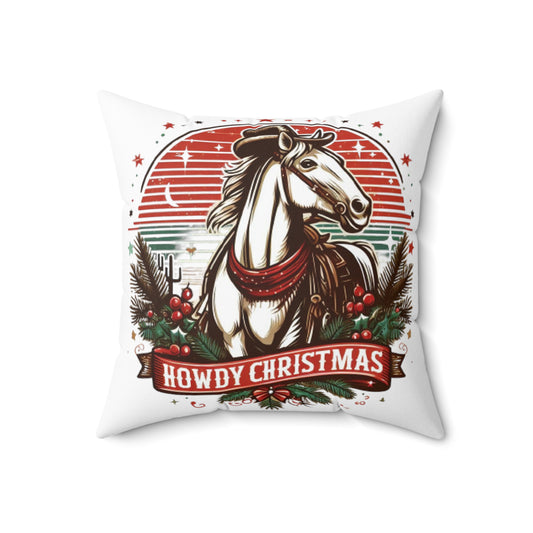 Countryside Christmas Greetings - Rustic Howdy Christmas with Holly-Adorned Horse and Sunset Backdrop - Spun Polyester Square Pillow