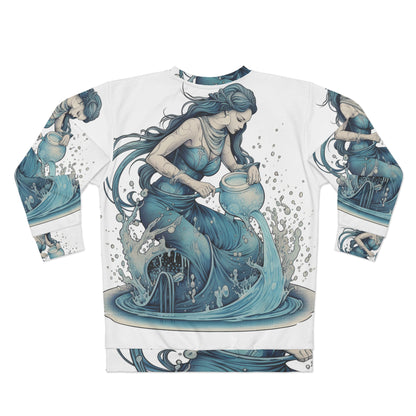 Aquarius Zodiac Symbol - Girl Pouring Water, Hand-Drawn Style - Unisex Sweatshirt (AOP)