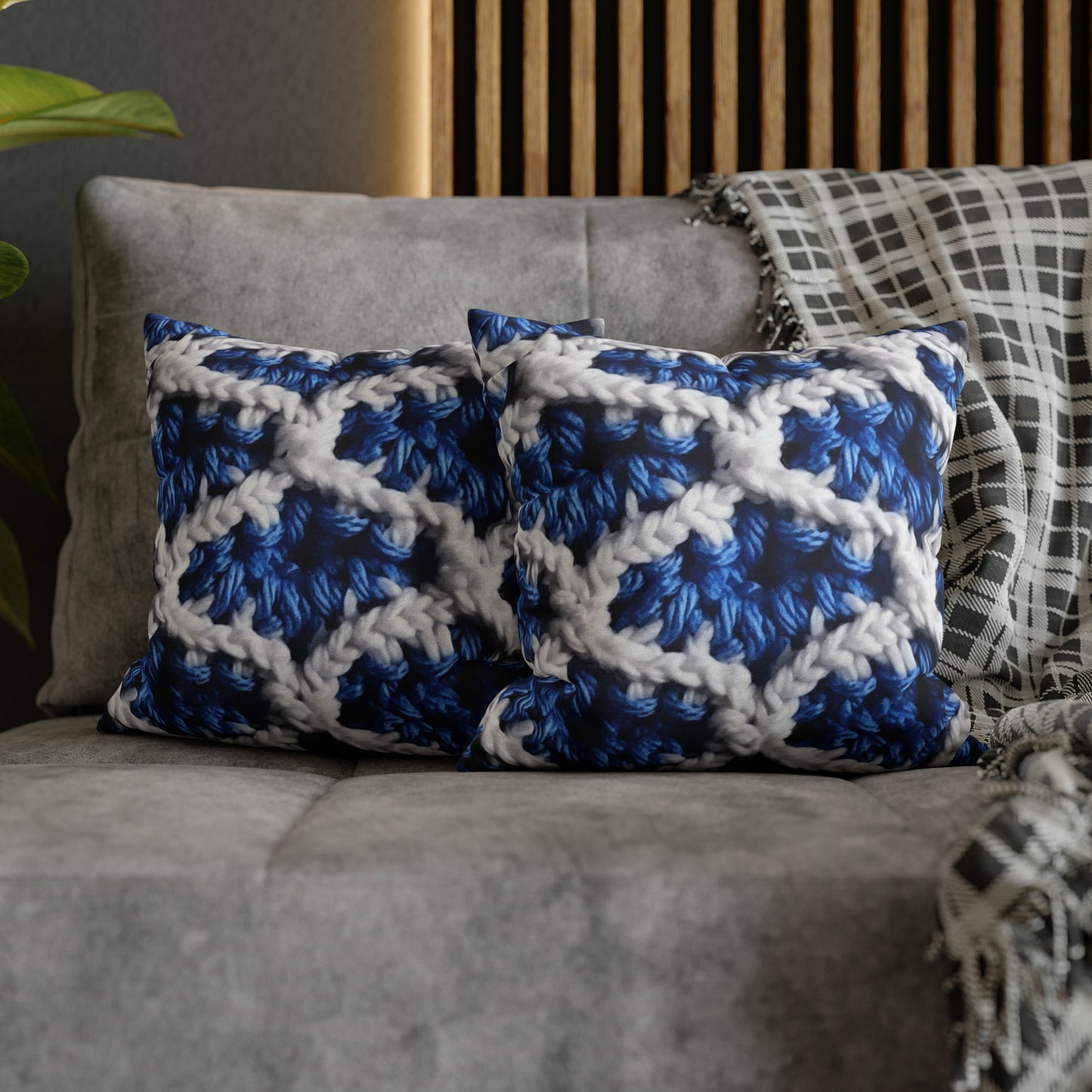 Blueberry Blue Crochet, White Accents, Classic Textured Pattern - Spun Polyester Square Pillow Case