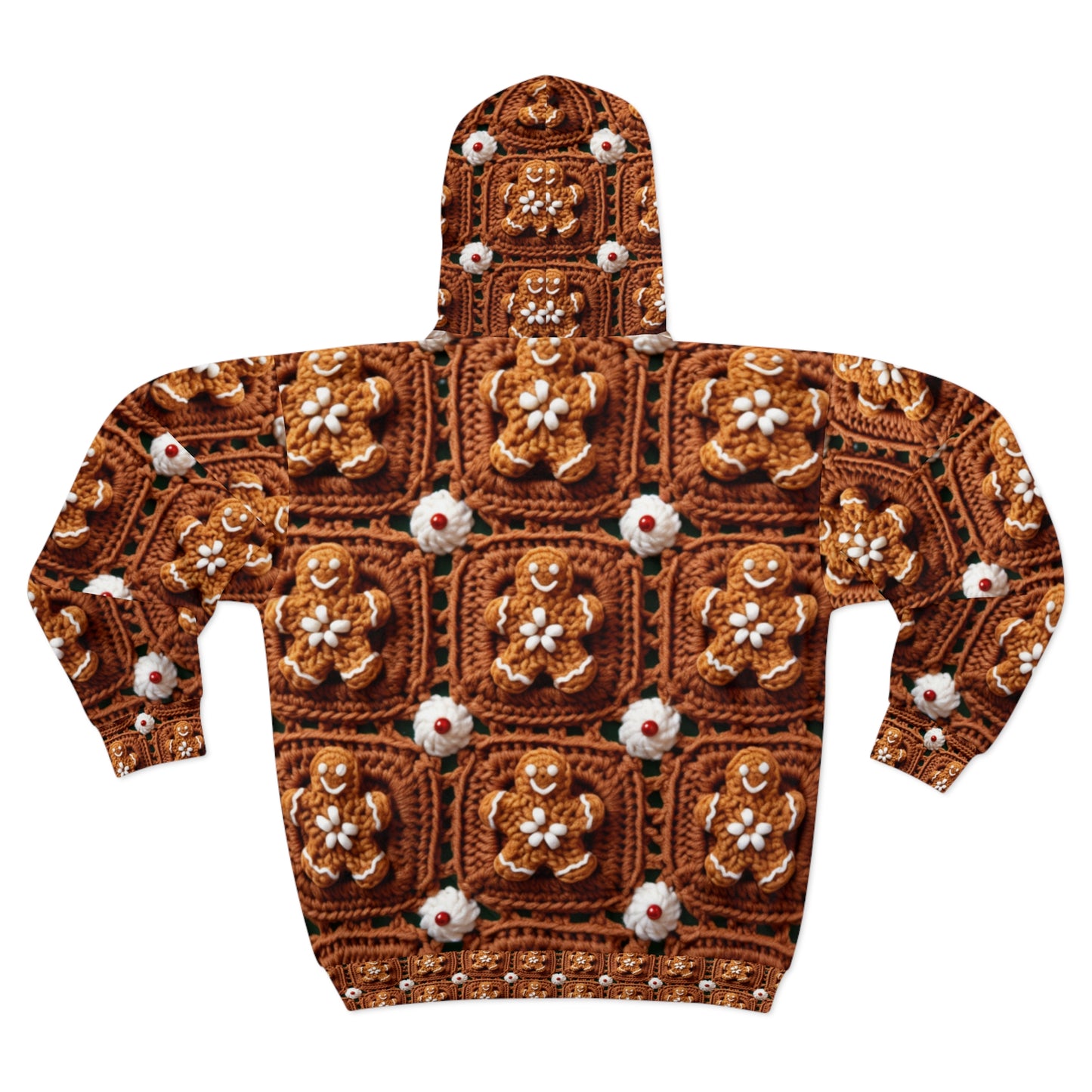 Gingerbread Man Crochet, Classic Christmas Cookie Design, Festive Yuletide Craft. Holiday Decor - Unisex Zip Hoodie (AOP)