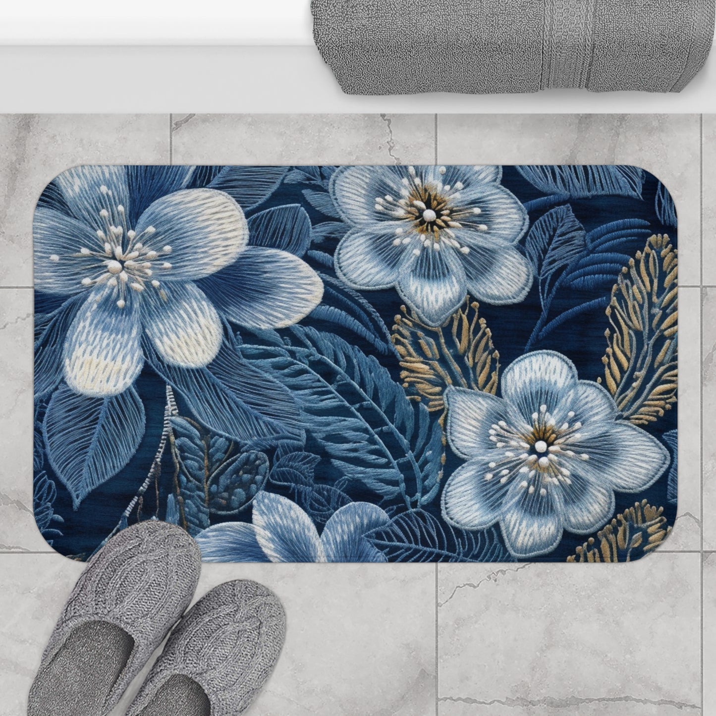 Bordado de flores en flor floral en estilo denim - Alfombra de baño