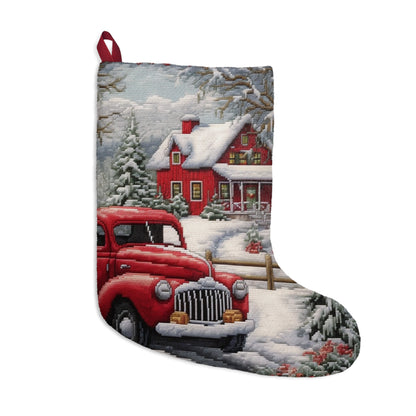 Red Truck Christmas Embroidery: Needlepoint Festive Winter Scene Threadwork - Christmas Stockings