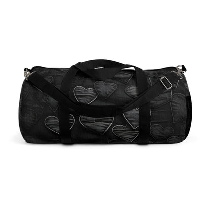 Black: Distressed Denim-Inspired Fabric Heart Embroidery Design - Duffel Bag