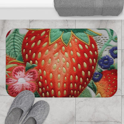 Berry Delight: Sun-Kissed Strawberries Fields Meet Embroidered Style Strawberry Patterns - Bath Mat