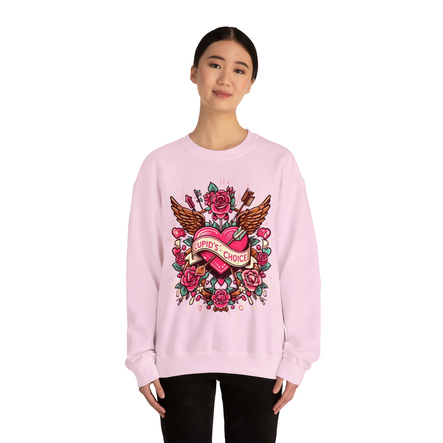 Cupidos Choice Heart con rosas y flecha - Amor vibrante del día de San Valentín - Sudadera unisex Heavy Blend™ Crewneck