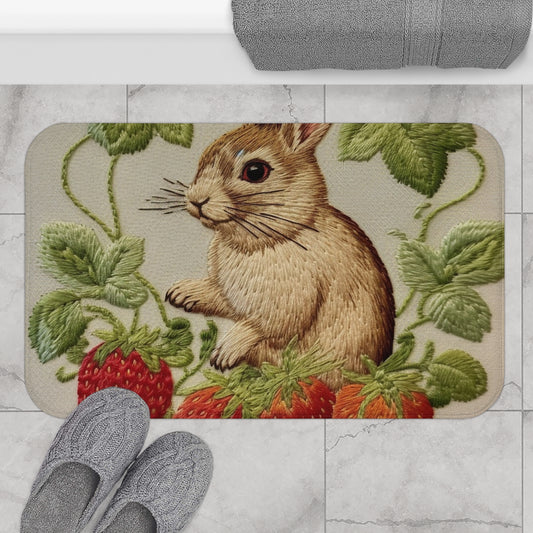 Strawberry Bunny Rabit - Embroidery Style - Strawberries Fruit Munchies - Easter Gift - Bath Mat