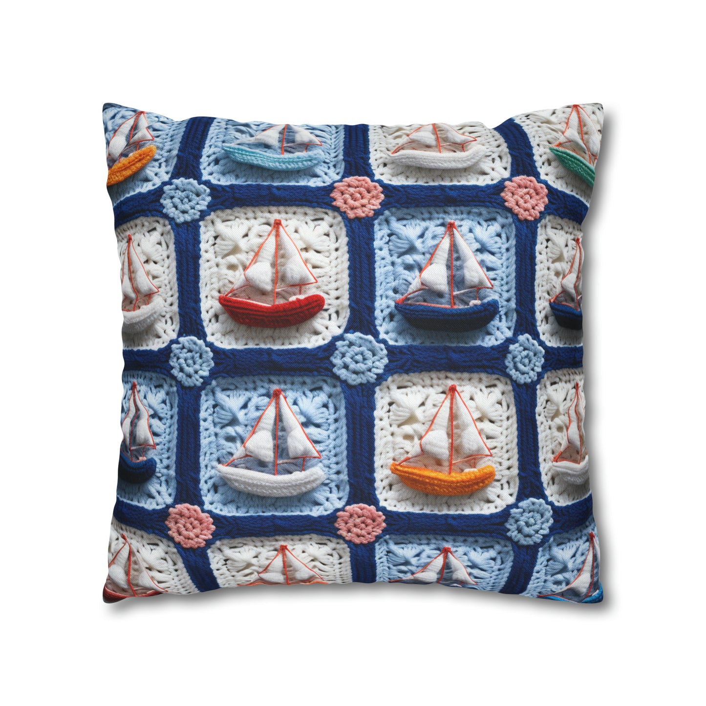 Crochet Boat Ship Sea Vessel Ocean Beach Travel Yacht Design - Spun Polyester Square Pillow Case