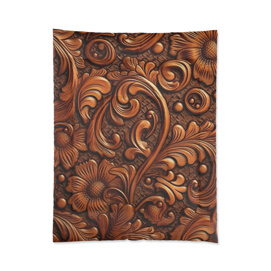 Leather Flower Cognac Classic Brown Timeless American Cowboy Design - Bed Comforter