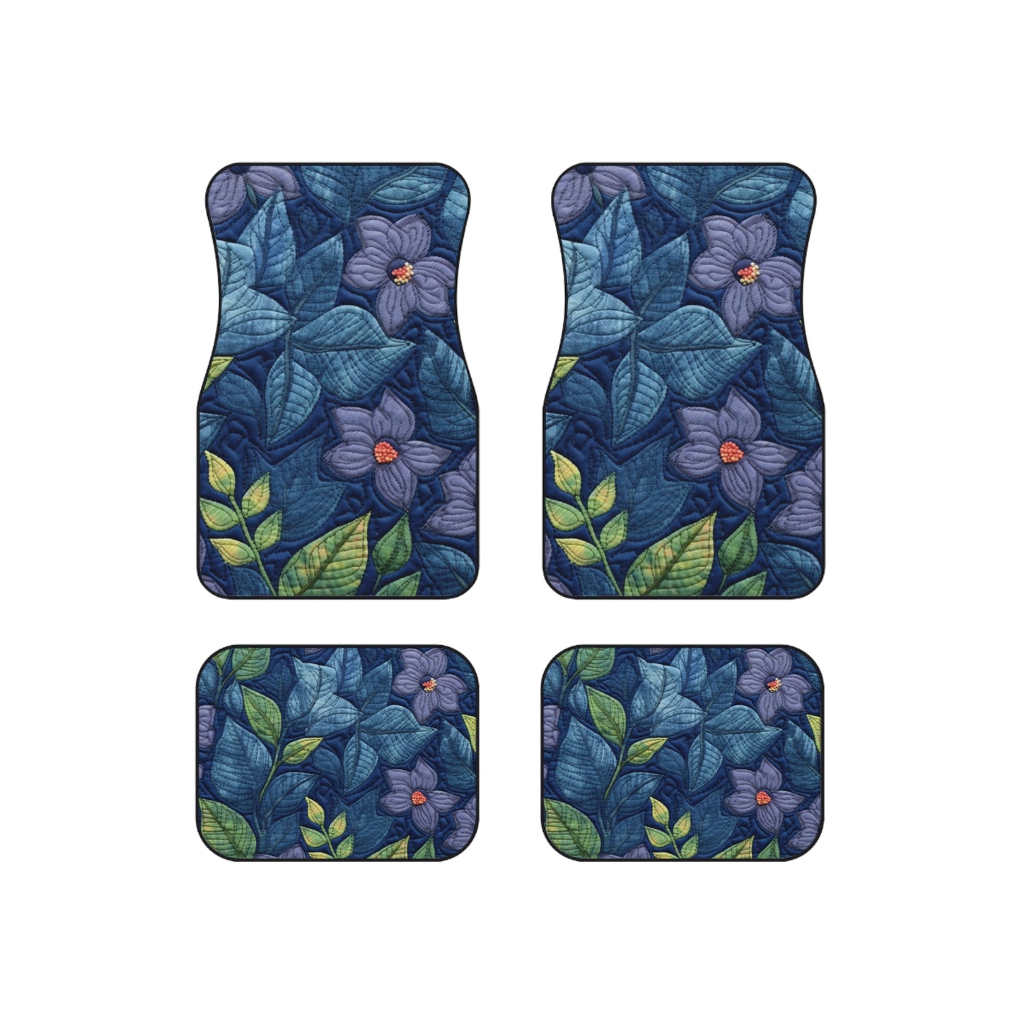 Floral Embroidery Blue: Denim-Inspired, Artisan-Crafted Flower Design - Car Mats (Set of 4)