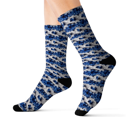 Blueberry Blue Crochet, White Accents, Classic Textured Pattern - Sublimation Socks