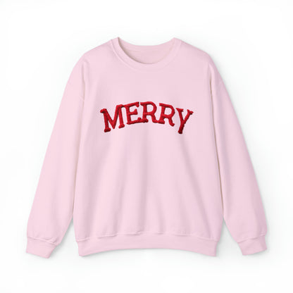 Chenille Merry Emblem, Festive Christmas Holiday Design, Joyful Yuletide Motif, Chic Winter Theme - Unisex Heavy Blend™ Crewneck Sweatshirt