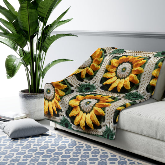 Sunflower Crochet Elegance, Granny Square Design, Radiant Floral Motif. Bring the Warmth of Sunflowers to Your Space - Sherpa Fleece Blanket