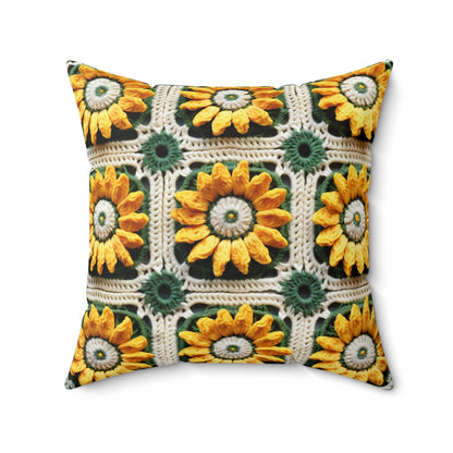 Sunflower Crochet Elegance, Granny Square Design, Radiant Floral Motif. Bring the Warmth of Sunflowers to Your Space - Spun Polyester Square Pillow