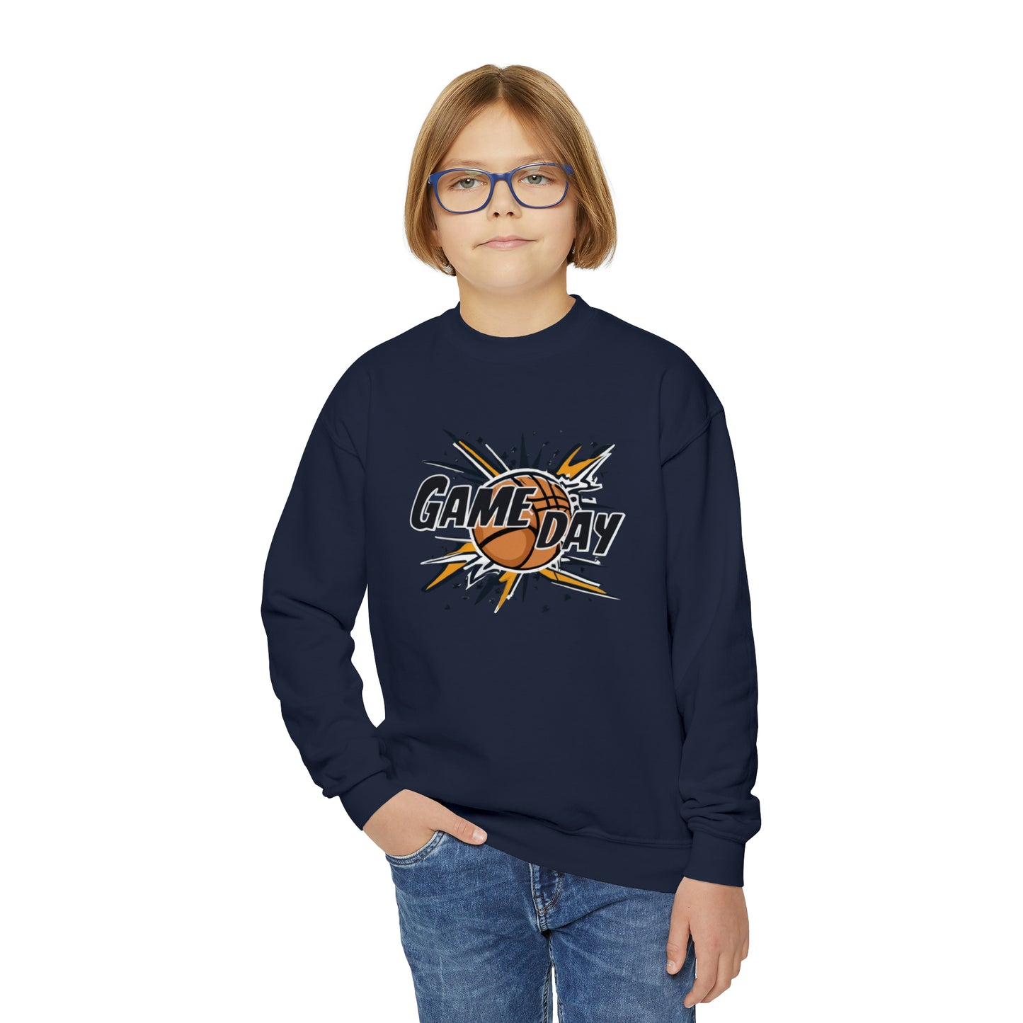 Game Day Slam Dunk Energy - Dynamic Basketball Explosion Graphic - Youth Crewneck Sweatshirt