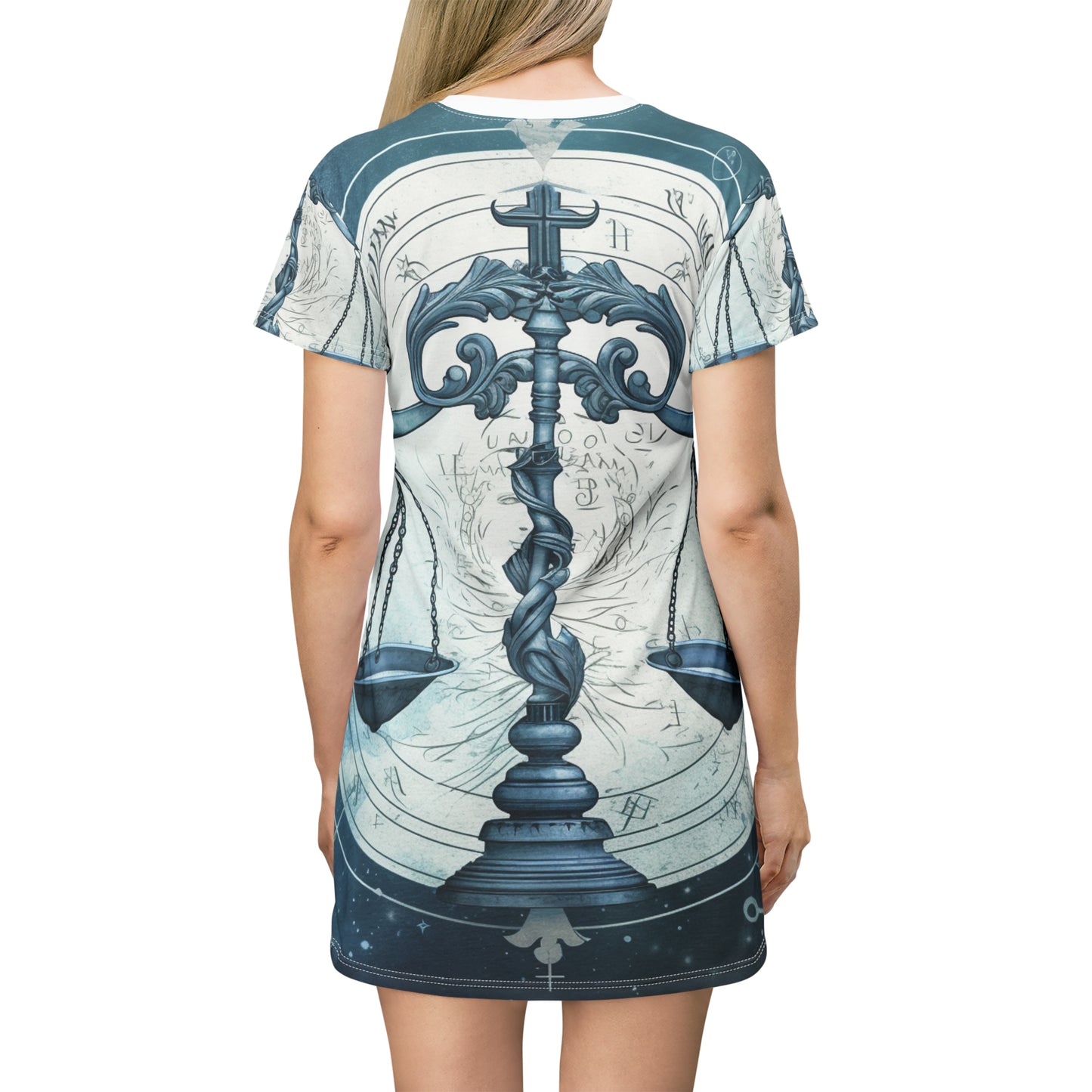 Blue Tones Libra Zodiac Cosmic Astro - Balance Scale & Symbols - T-Shirt Dress (AOP)