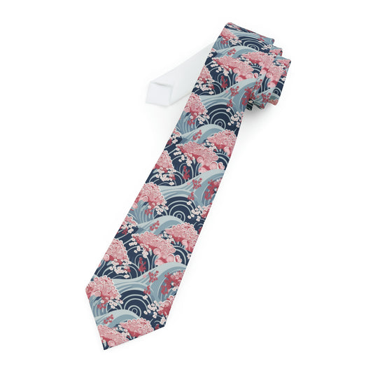 Japanese Minimalist Waves & Cherry Blossoms Pattern - Necktie