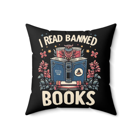 Owl Scholar Reading Among Stars and Florals - I Read Banned Books Themed Illustration - Spun Polyester Square Pillow