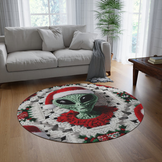 Santa's Cosmic Secret: Jolly Green Christmas Extraterrestrial with Festive Attire Crochet Art - Round Rug