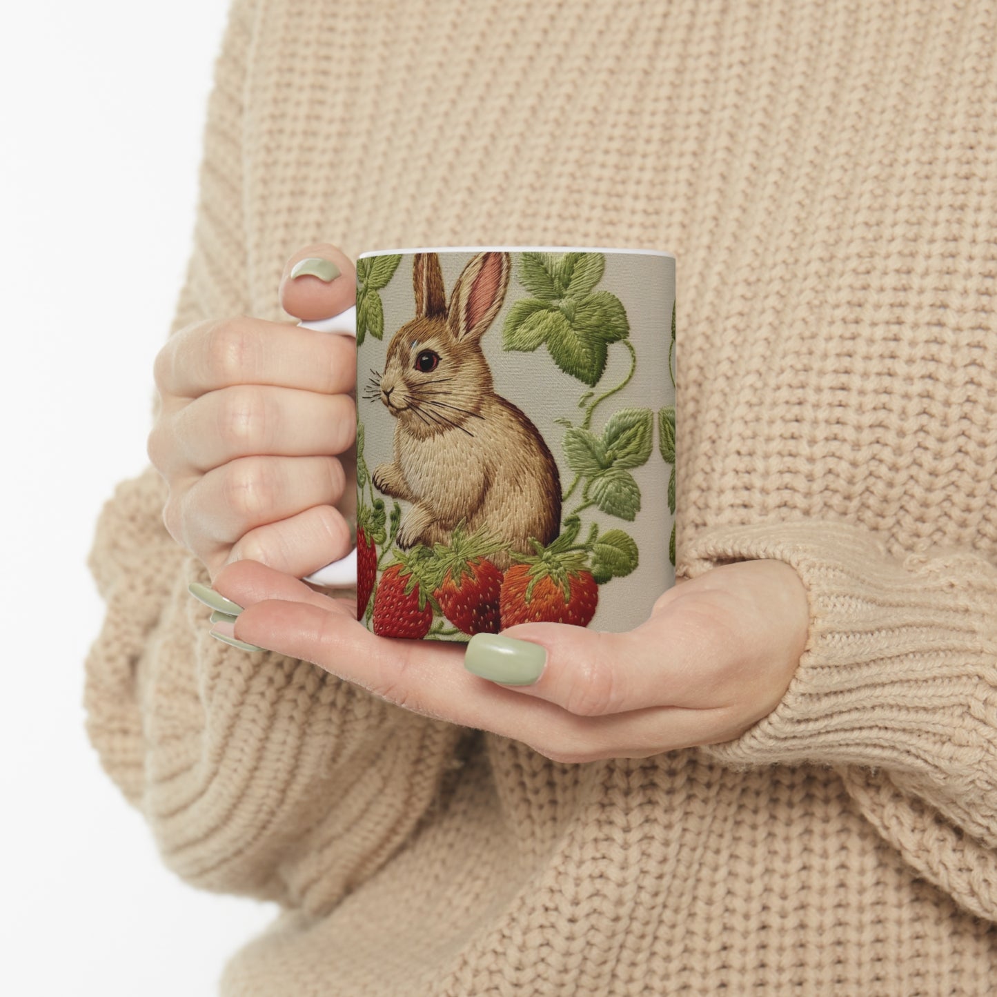 Strawberry Bunny Rabit - Embroidery Style - Strawberries Fruit Munchies - Easter Gift - Ceramic Mug 11oz