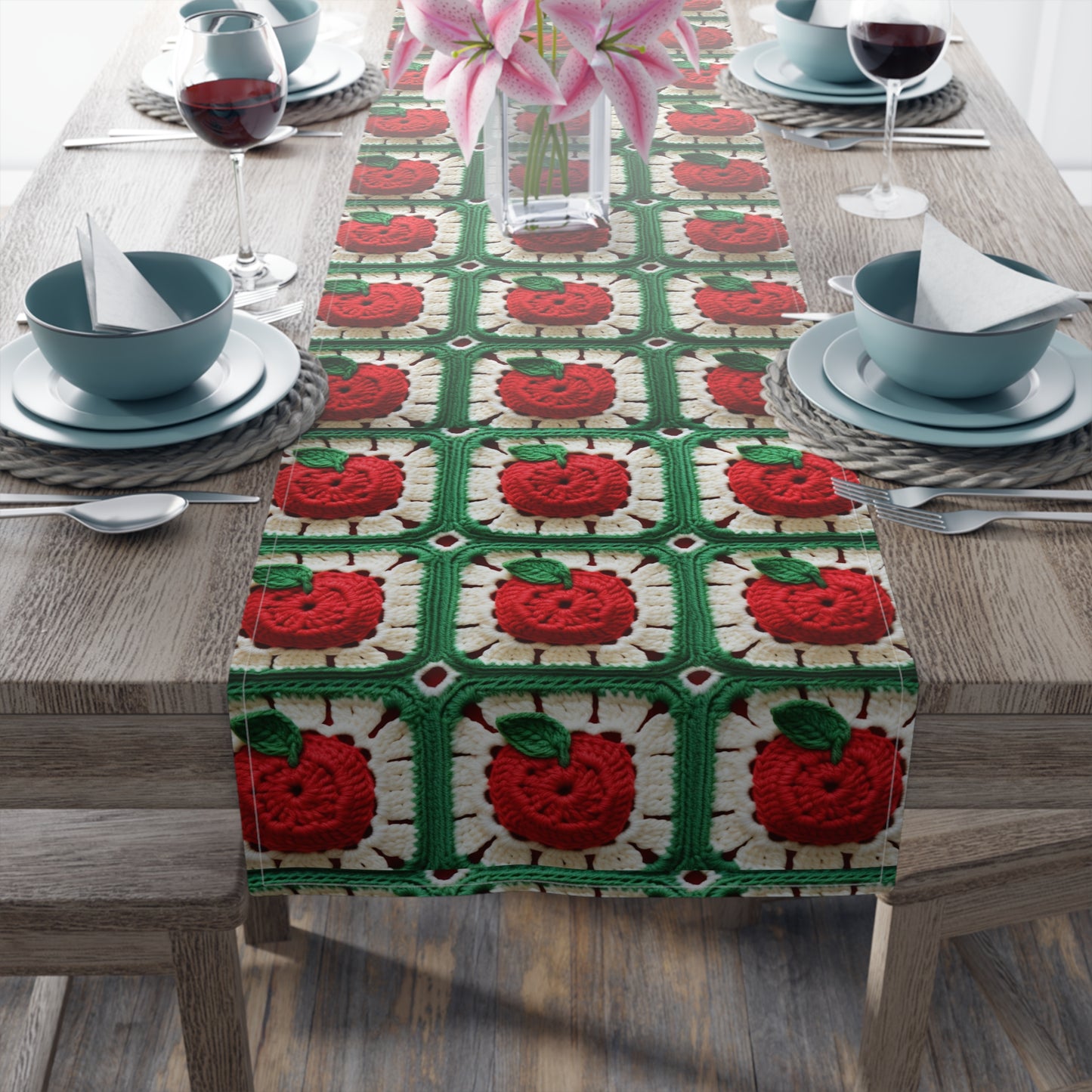 Apple Granny Square Crochet Pattern: Wild Fruit Tree, Delicious Red Design - Table Runner (Cotton, Poly)