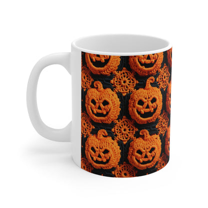 Patrón festivo festivo de terror aterrador de calabaza de ganchillo de Halloween - Taza de cerámica de 11 oz