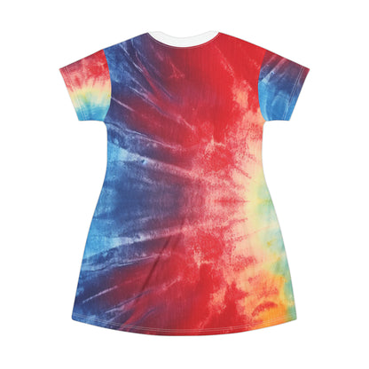 Denim Rainbow Tie-Dye: Espectáculo de diseño de tela multicolor vibrante - Vestido tipo camiseta (AOP) 