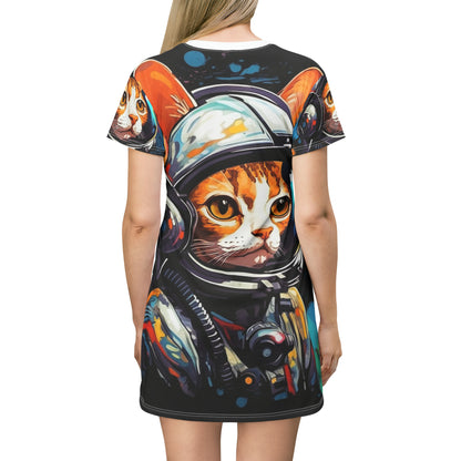 Astro Cat Adventure Feline - Pop Art, Floating in Cosmic Space - T-Shirt Dress (AOP)