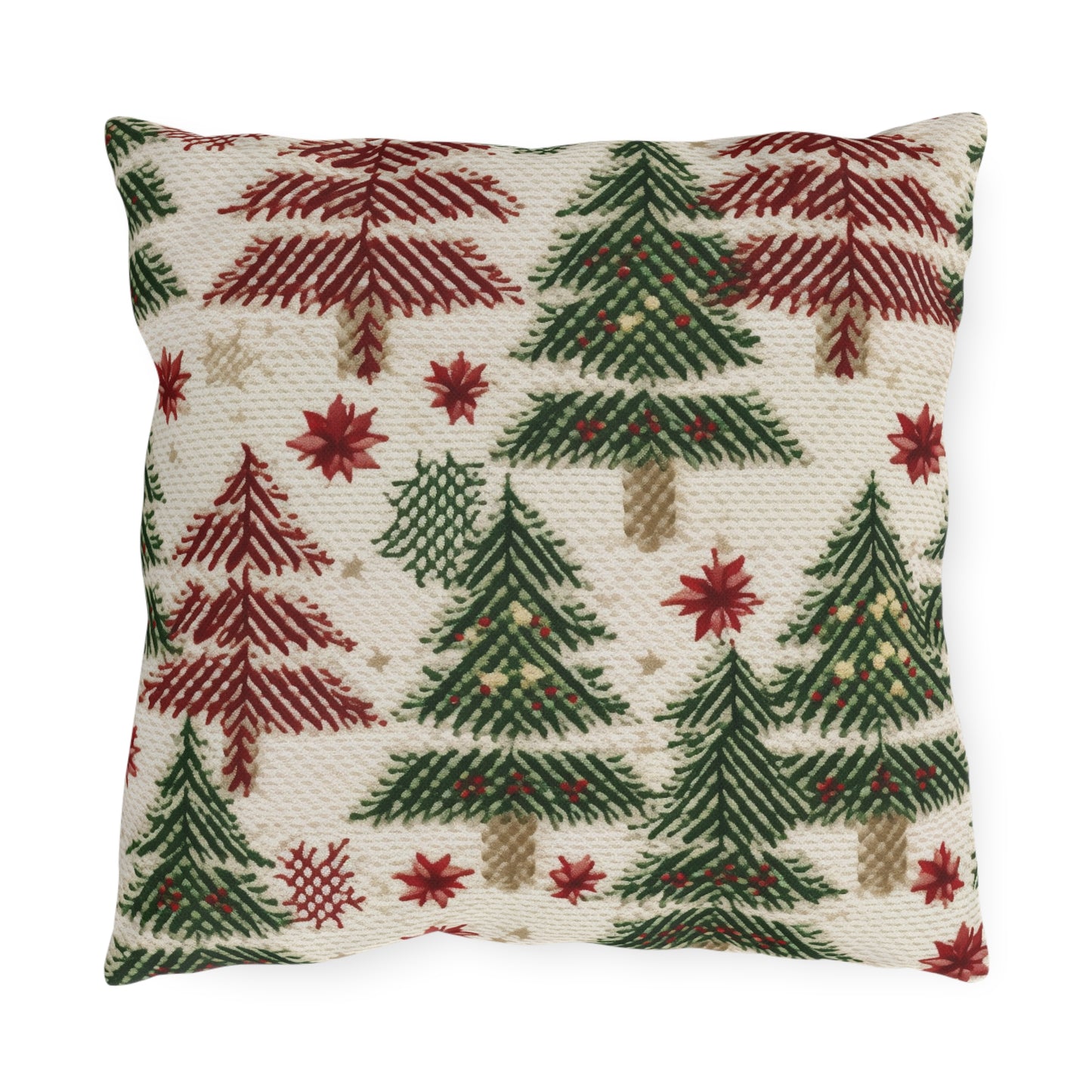 Embroidered Christmas Winter, Festive Holiday Stitching, Classic Seasonal Design - Outdoor Pillows