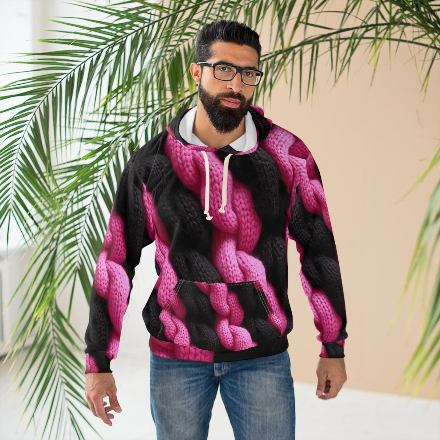 Knitted Hot Pink & Black Texture - Cozy Doll Chic Design for Crafting - Unisex Pullover Hoodie (AOP)