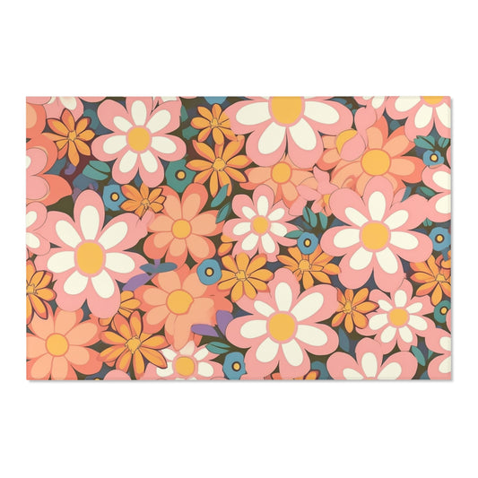 Groovy 1960s 1970s Pink & Orange Daisy Mod Floral - Area Rugs