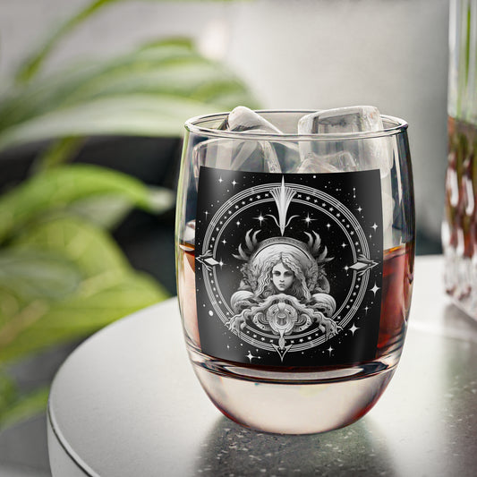 Virgo Zodiac Whiskey Glass - Restaurant-Grade Clear Glass - Starry Black & White Design