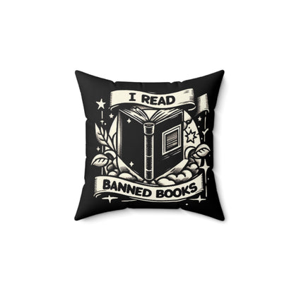 I Read Banned Books - Monochrome Crest with Stars and Laurel - Spun Polyester Square Pillow