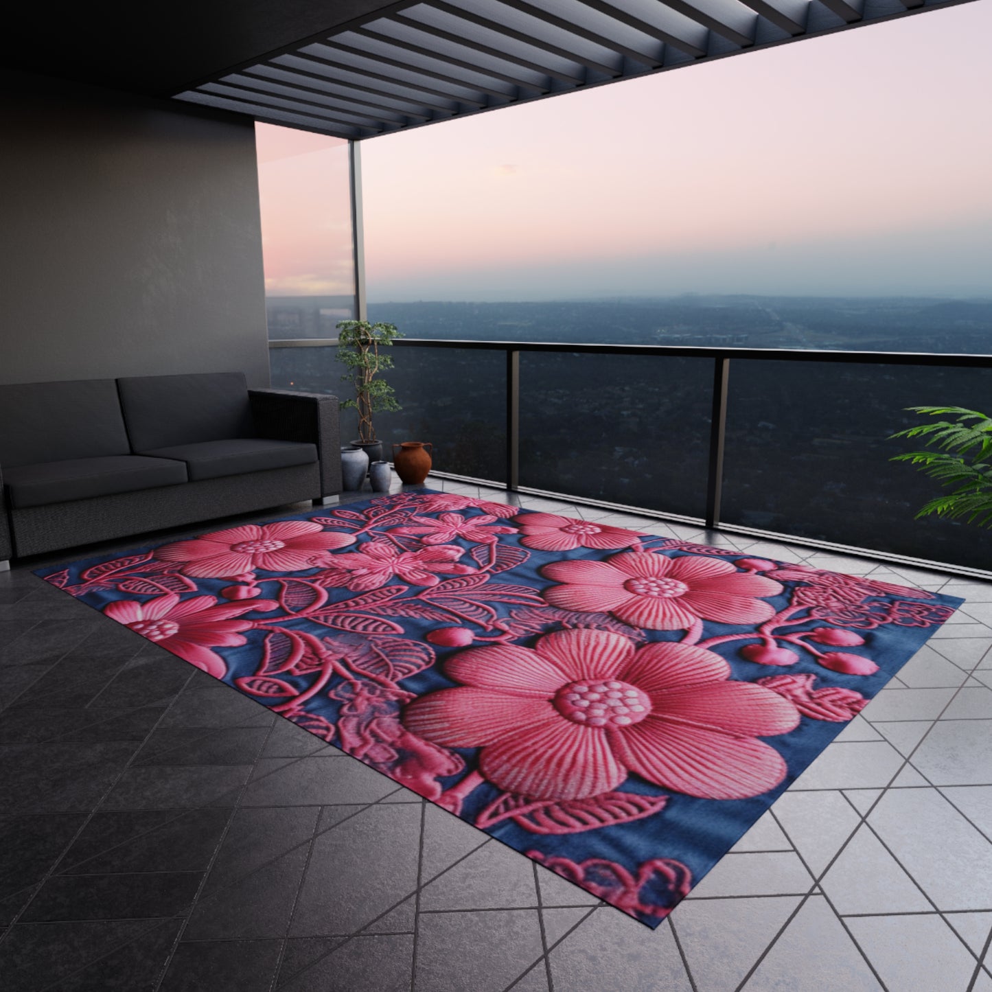 Denim Blue Doll Pink Floral Embroidery Style Fabric Flowers - Outdoor Rug