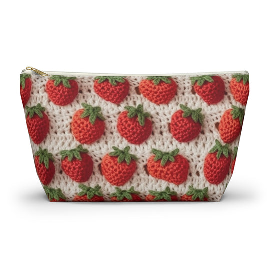 Strawberry Traditional Japanese, Crochet Craft, Fruit Design, Red Berry Pattern - Accessory Pouch w T-bottom